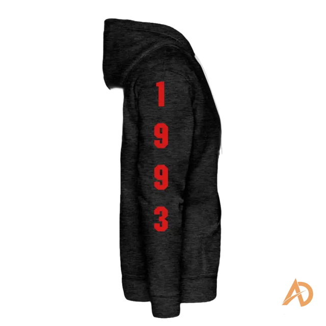 Black premium hoodie featuring red 1993 design, perfect for hustle culture enthusiasts