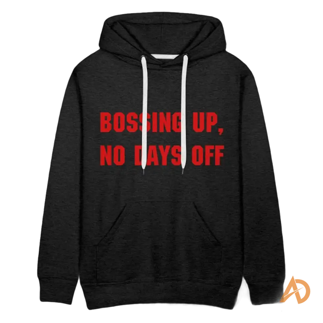 Black premium hoodie with red text featuring hustle culture and contemporary design