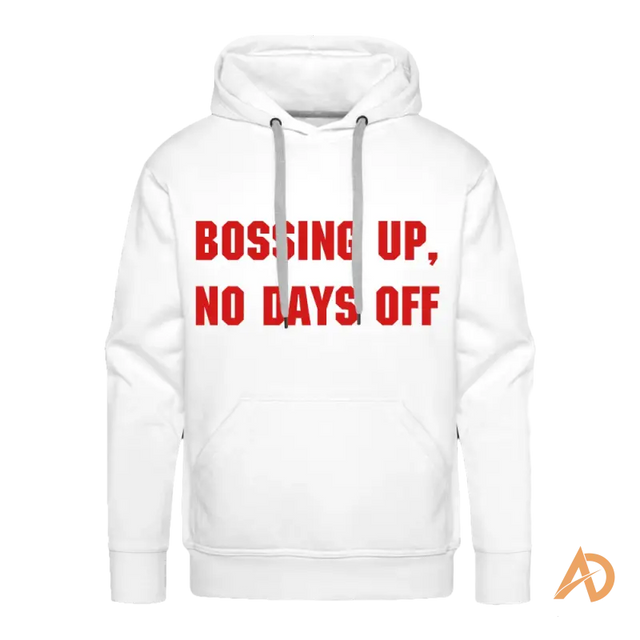 White premium hoodie featuring bold red text, embodying hustle culture with contemporary design