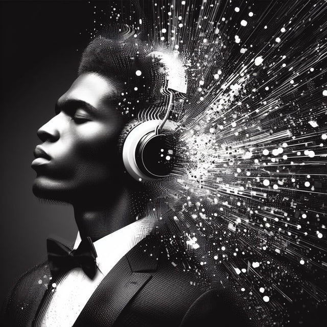 Black and white portrait of a man in a suit wearing headphones with digital particles radiating from them.