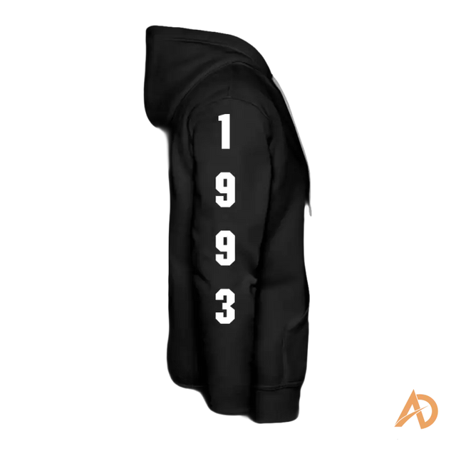 Black premium hoodie featuring 1993 printed vertically, ideal for hustle culture enthusiasts