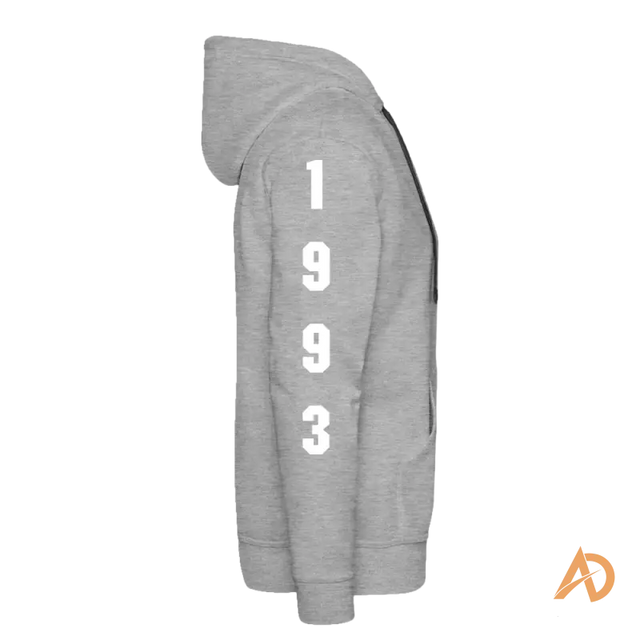 Grey premium hoodie featuring 1993 print on sleeve, ideal for hustle culture enthusiasts