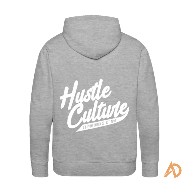 Grey premium hoodie featuring white Hustle Culture text on the back