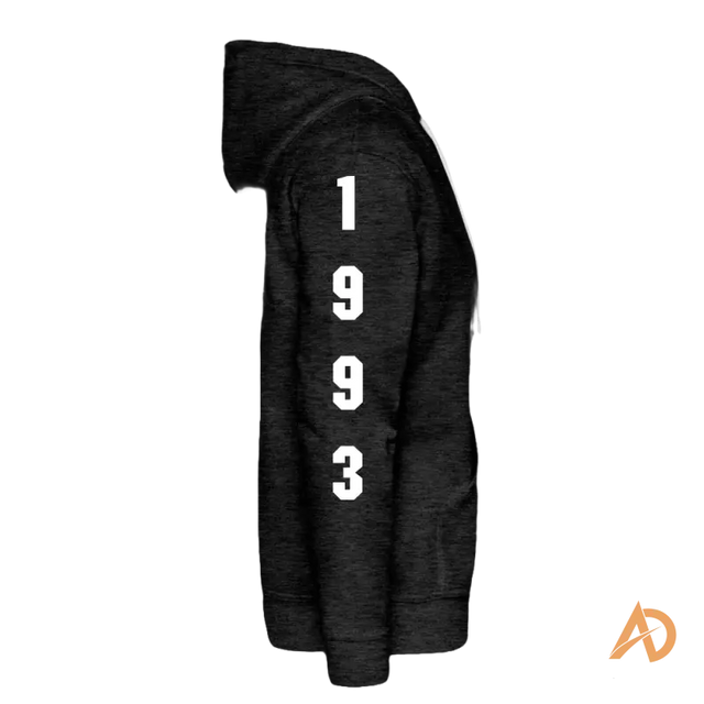Black premium hoodie featuring 1993 printed vertically, perfect for hustle culture enthusiasts