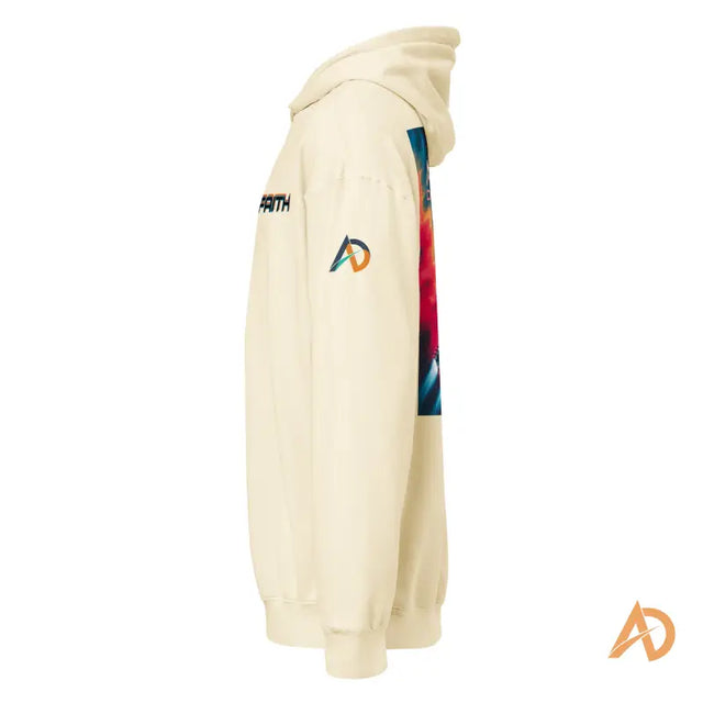 Avodah Galaxy Edition cream hoodie with Faith graphic on chestBeige hoodie with vibrant graphic and 'FAITH' text on upper back, featuring 'AD' logo on sleeve and logo below.