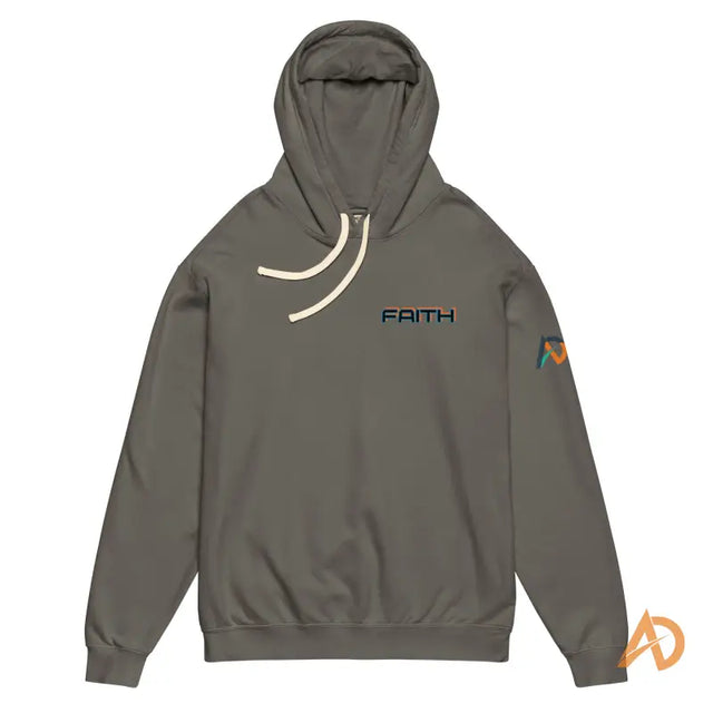Avodah Galaxy Edition olive green hoodie with Faith text and geometric sleeve designGray hoodie with cream drawstrings, bold blue and orange 'FAITH' text, and orange-blue AD logo on sleeve.