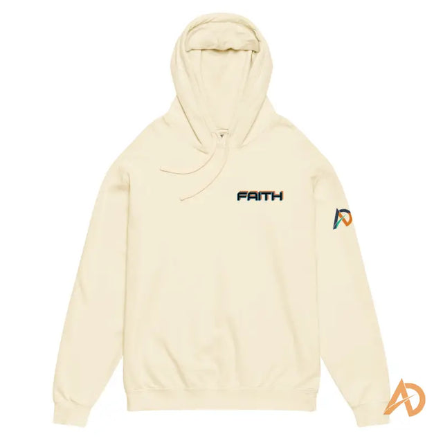 Cream Nike hoodie with Faith text, Avodah Galaxy Edition logo on sleeveCream hoodie with 'FAITH' text and orange-gray logo on right sleeve, drawstring hood, and ribbed cuffs.