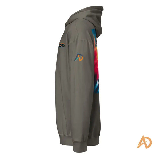 Olive green Avodah Galaxy Edition hoodie with colorful graphic backGrey hooded sweatshirt with 'FAITH' on arm, colorful patch, and orange 'AD' logo, modern style.