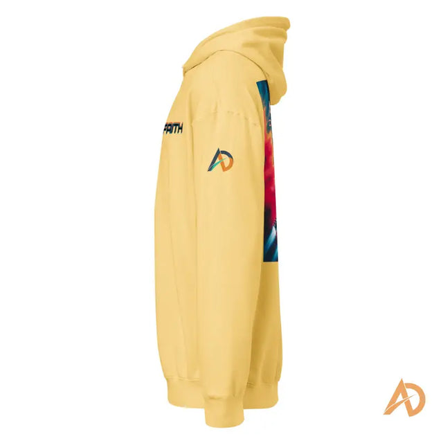 Yellow Avodah Galaxy Edition hoodie with faith graphic on chestYellow hoodie with 'FAITH' on the sleeve and colorful graphic, featuring 'AD' logo for leadership style.