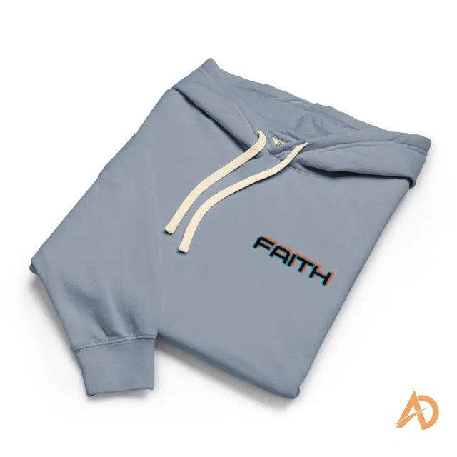 Light blue Avodah Galaxy Edition hoodie with Faith embroideryNeatly folded light blue hoodie with white drawstrings, 'FAITH' lettering, and subtle orange AD logo.