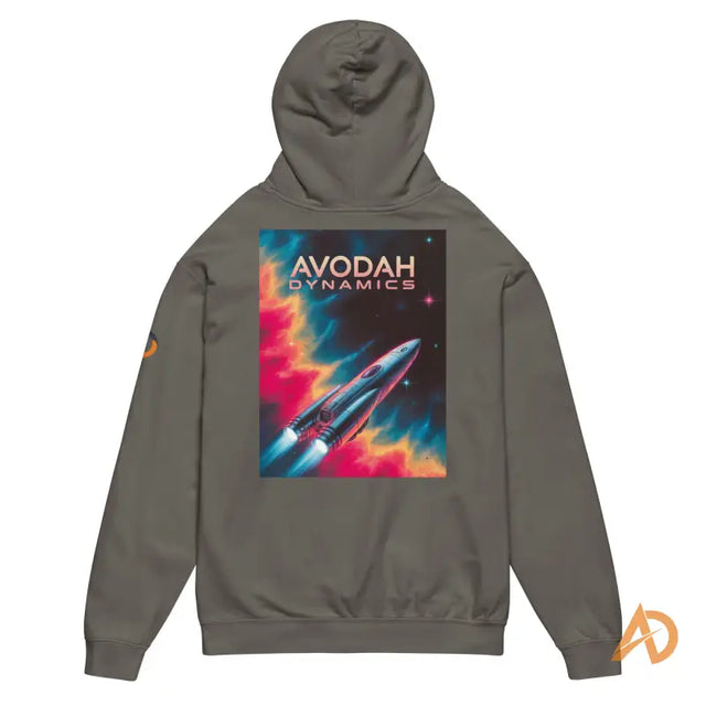 Olive green Avodah Galaxy Edition hoodie with space graphic and Avodah Dynamics textBack view of grey hoodie featuring a rocket launch graphic and bold AVODAH DYNAMICS text