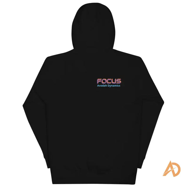 Galaxy Focus Hoodie by Avodah Dynamics with colorful text on backBlack hoodie with vibrant FOCUS and Avodah Dynamics logo on upper back, and small orange AD emblem in corner.