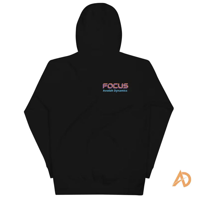 Galaxy Focus Hoodie by Avodah Dynamics in black with colorful gradient textBlack hoodie with 'FOCUS' gradient print and 'Avodah Dynamics' logo featuring an orange AD logo.