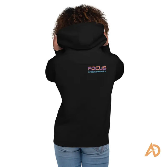 Galaxy Focus Hoodie by Avodah Dynamics in black with red, white, blue focus logoPerson in a black hoodie with 'FOCUS' and Avodah Dynamics logo, symbolizing faith-based leadership.