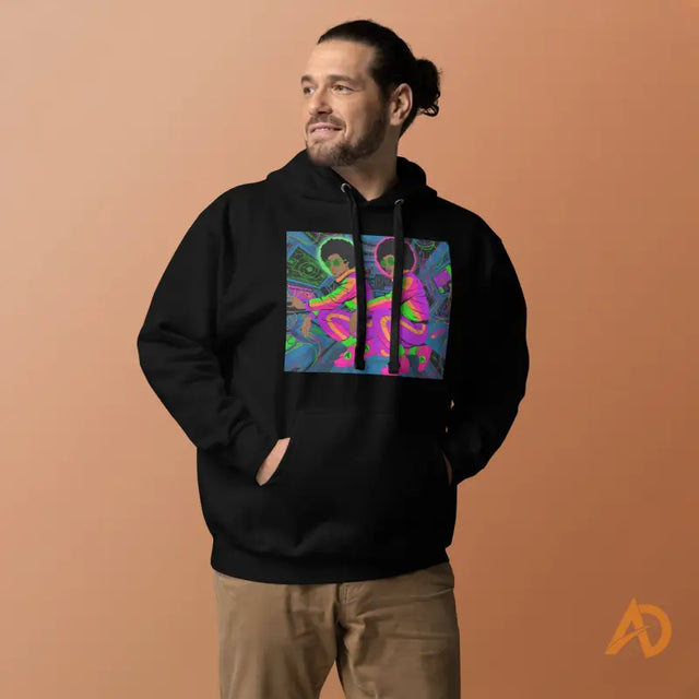 Black Galaxy Focus Hoodie by Avodah Dynamics with colorful abstract artMan in black hoodie with vibrant futuristic design on peach background, featuring 'AD' logo for Avodah Dynamics.
