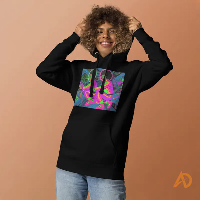 Galaxy Focus Hoodie by Avodah Dynamics: black cotton-poly blend with colorful abstract designSmiling woman in black hoodie with neon pink astronaut design on pastel brown background