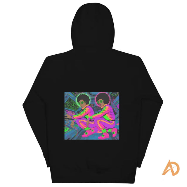 Galaxy Focus Hoodie by Avodah Dynamics: black hoodie with vibrant psychedelic figures