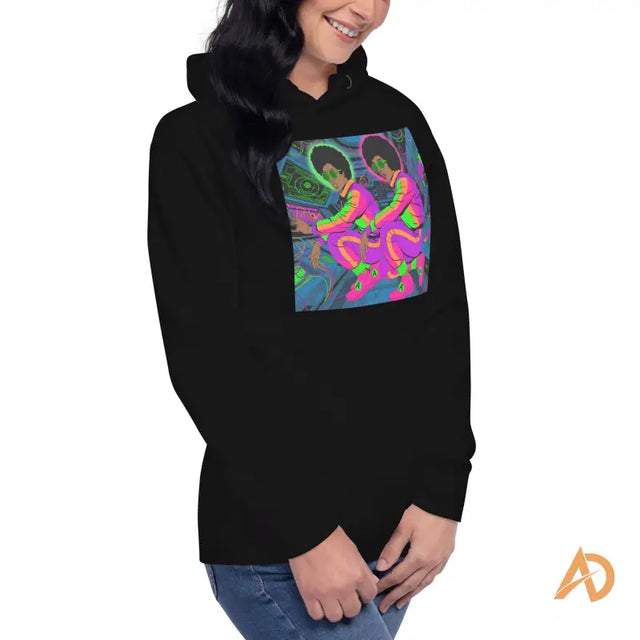 Black Galaxy Focus Hoodie by Avodah Dynamics with colorful abstract designSmiling woman in black hoodie featuring neon graphic of Afro-haired figures and an orange AD logo