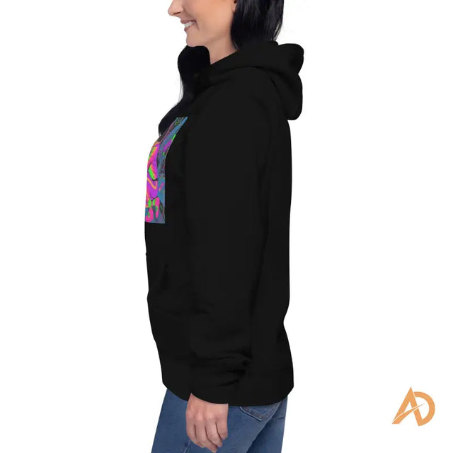 Galaxy Focus Hoodie by Avodah Dynamics: black cotton with colorful abstract chest designSide profile of a woman in a black hoodie with a vibrant graphic print and blue jeans, featuring AD logo.