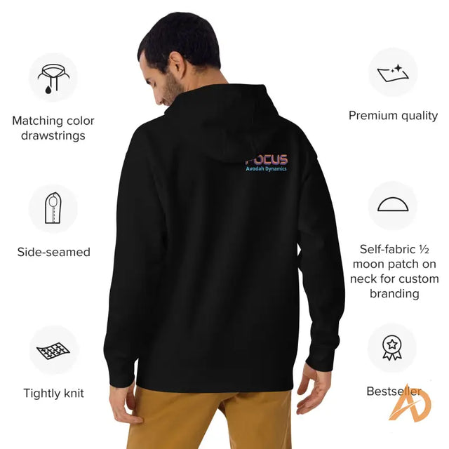 Black Galaxy Focus Hoodie by Avodah Dynamics with polo shirt designMan wearing black Avodah Dynamics hoodie with colorful FocUS logo, matching drawstrings, and custom neck patch