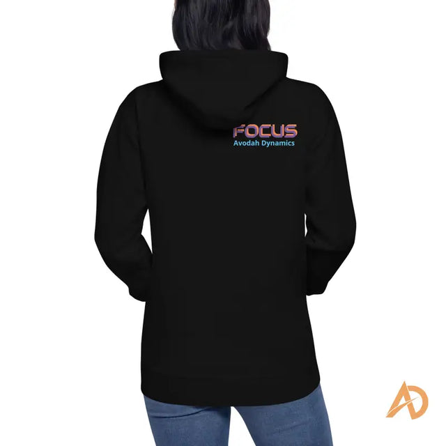 Black Galaxy Focus Hoodie by Avodah Dynamics with colorful back textPerson in black hoodie with 'FOCUS' text and 'Avodah Dynamics' logo on back against white background.