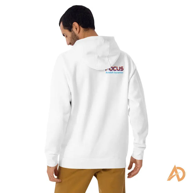 White Galaxy Focus Hoodie by Avodah Dynamics with focus logo on backMan in a white hoodie with "FOCUS" and "Avodah Dynamics" text on back, brown pants, orange AD logo.