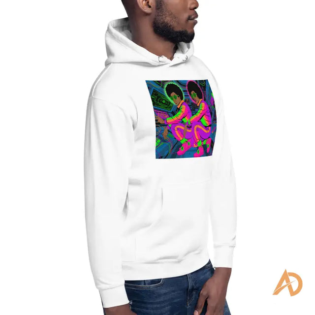White Galaxy Focus Hoodie by Avodah Dynamics with colorful alien designMan in white hoodie featuring vibrant psychedelic graphics of afro cartoon characters in colorful suits.