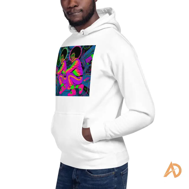 White Galaxy Focus Hoodie by Avodah Dynamics with colorful abstract graphics
