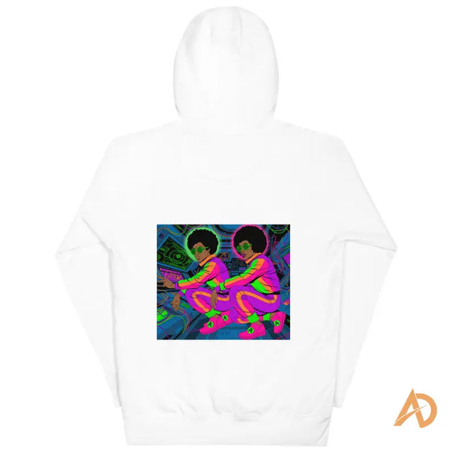 Avodah Dynamics Galaxy Focus Hoodie with white design of two skateboard figures