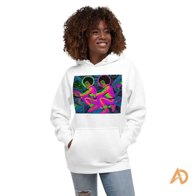 White Galaxy Focus Hoodie by Avodah Dynamics with astronauts graphicYoung woman smiling in a white hoodie with neon afro character graphics, wearing blue ripped jeans.