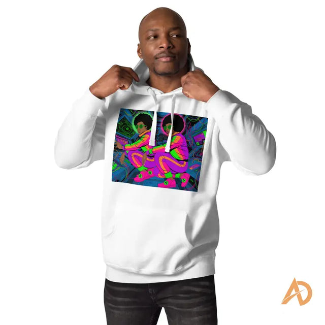 Galaxy Focus Hoodie by Avodah Dynamics: white hoodie with vibrant abstract dancers graphicMan in white hoodie with neon graphic of two afro-haired figures in bright outfits, cyber-themed background.
