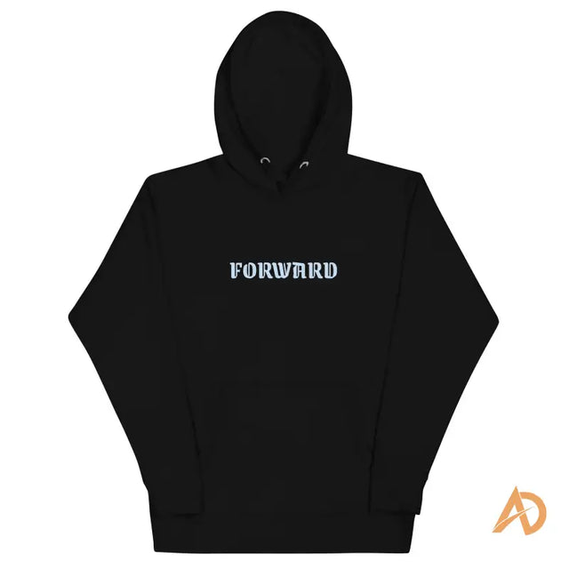 Black Galaxy Forward Hoodie with forward text designBlack hoodie with bold blue 'FORWARD' text on chest, symbolizing motivation and progress.