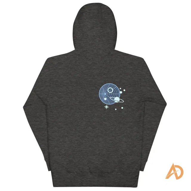 Galaxy Forward Hoodie in charcoal heather with celestial planets and stars
