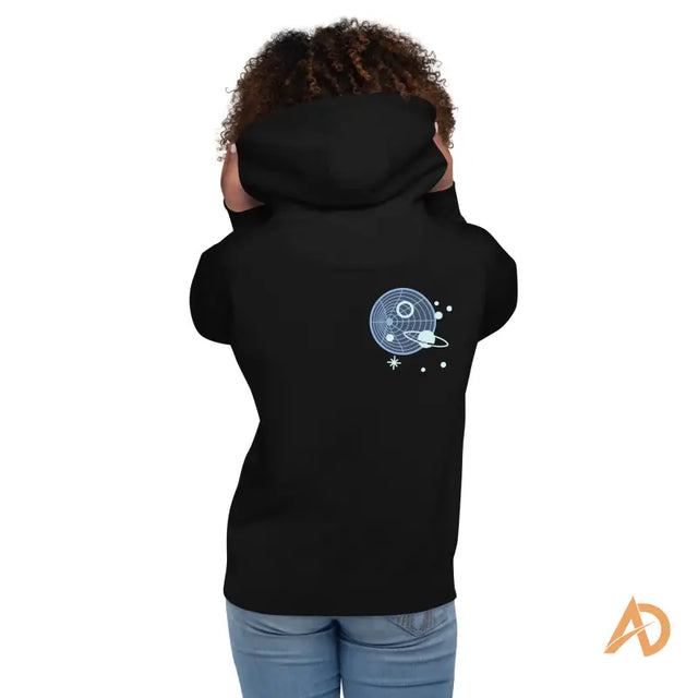 Black Galaxy Forward Hoodie with space planets, stars, and forward text designPerson wearing a black hoodie with a light blue space-themed design and orange AD logo on a white background.