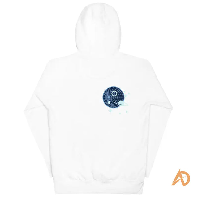 White Galaxy Forward Hoodie with blue space graphic on back