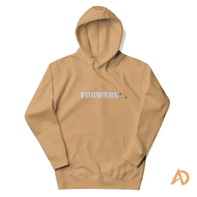 Galaxy Forward Hoodie in black cotton with forward text designBeige hoodie with 'FORWARD' text on chest and orange AD logo on white background