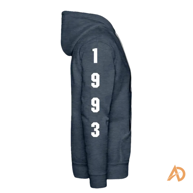 Navy blue dedication pullover hoodie featuring 1993 on the sleeve, embodying hustle culture