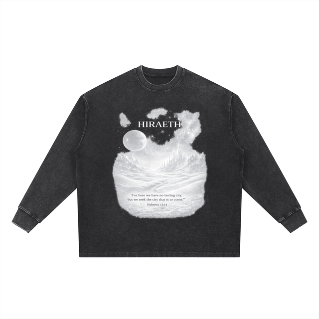 Front view of the HIRAETH Waffle Oversized T-Shirt, a textured long sleeve Christian streetwear piece by Avodah Dynamics.