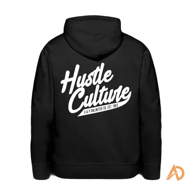 Black hoodie featuring Hustle Culture text, embodying vintage vibe and timeless spirit