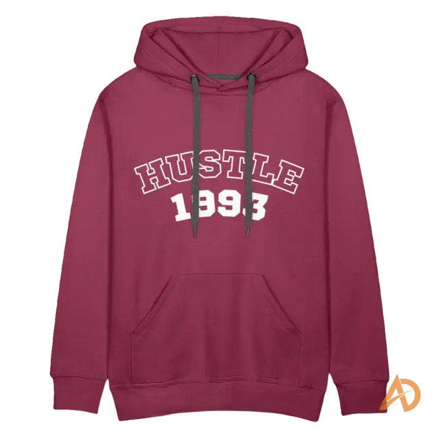 Burgundy hoodie featuring HUSTLE 1993, embodying hoodie vintage vibe and hustle culture