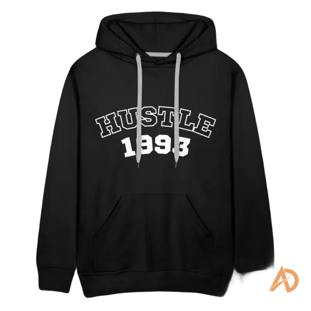 Black hoodie sweatshirt with HUSTLE 1993 text, embracing hustle culture and vintage vibe