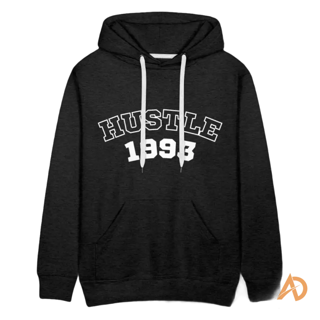 Black hoodie sweatshirt featuring Hustle 1998 text, embodying hustle culture and vintage vibe