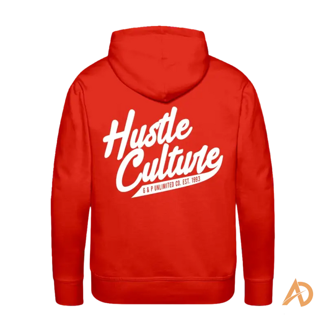 Red hoodie with Hustle Culture text in white, embodying vintage vibe and timeless spirit