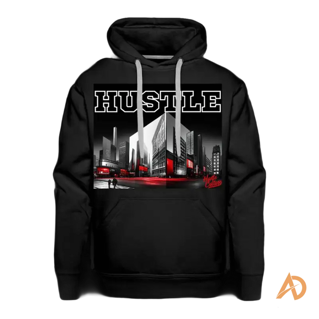 Black City Hustle Hoodie featuring skyline design and red accents for urban style enthusiasts