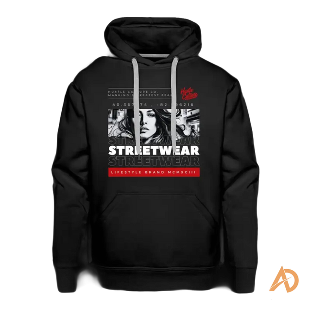 Black premium hoodie featuring streetwear graphic design from Hustle Culture Co