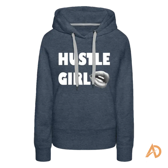 Navy blue Hustle Girl Hoodie featuring white text, perfect for modern women’s hustle culture