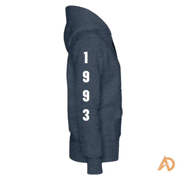 Navy blue Hustle Girl Hoodie featuring 1993 printed on the sleeve for modern women