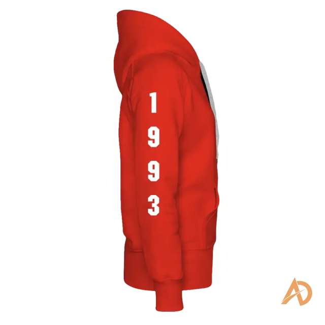 Red hooded sweatshirt featuring 1993 print, perfect for the modern woman’s hustle culture