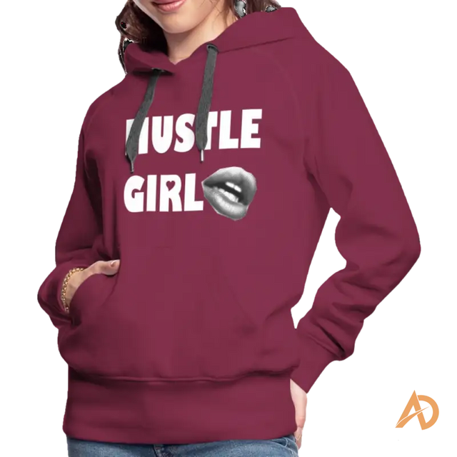 Burgundy Hustle Girl Hoodie featuring empowering text and lips graphic, perfect for modern women