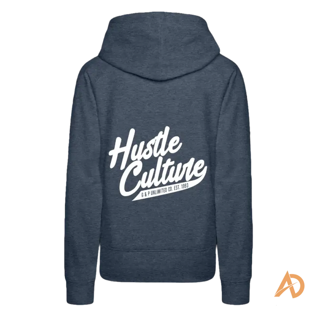Navy blue Hustle Girl Hoodie featuring empowering Hustle Culture text in white on back
